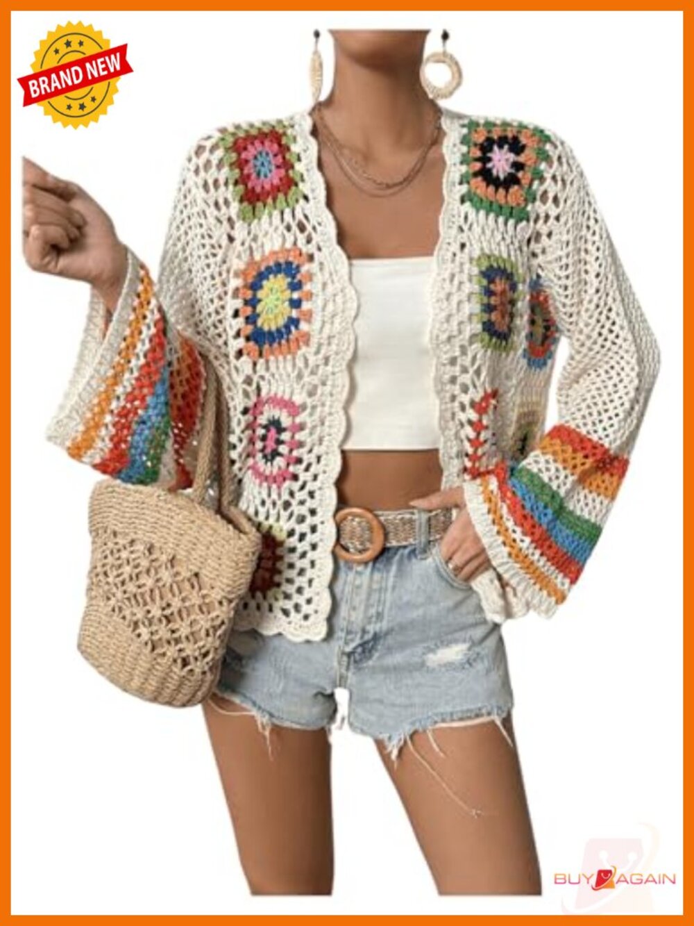 Women's Floral Crochet Open Front Loose Cardigan Long Sleeve Sweater